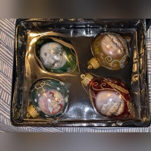 Thomas Kinkade “Light Up The Season” Christmas Ornament Set Luminary Glass NEW